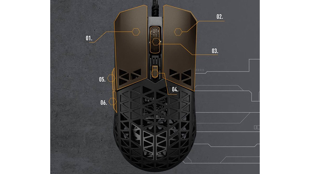 Myš ASUS TUF Gaming M4 Air zobrazující programovatelná tlačítka