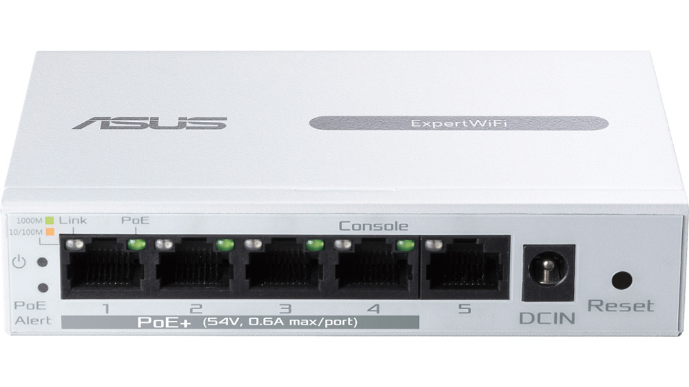 Switch ASUS ExpertWi-Fi EBP15 na bielom pozad&iacute; zobrazuj&uacute;ci predn&yacute; panel s PoE+ portami