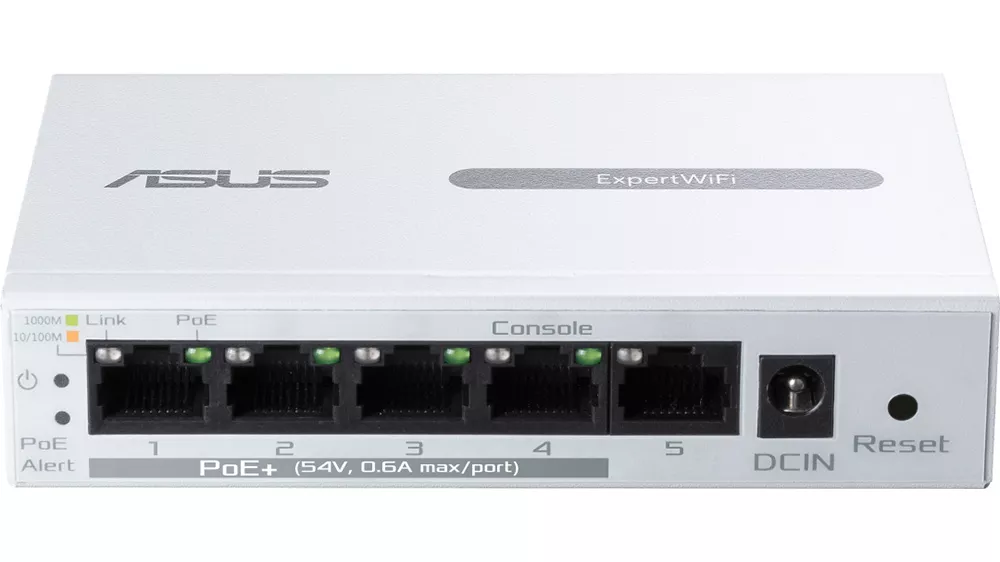 Switch ASUS ExpertWi-Fi EBP15 na bielom pozad&iacute; zobrazuj&uacute;ci predn&yacute; panel s PoE+ portami