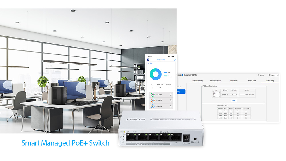 Switch ASUS ExpertWi-Fi EBP15 zobrazuj&uacute;ci sch&eacute;mu zabezpečenia siete s VLAN segment&aacute;ciou a QoS prioritiz&aacute;ciou d&aacute;tovej prev&aacute;dzky