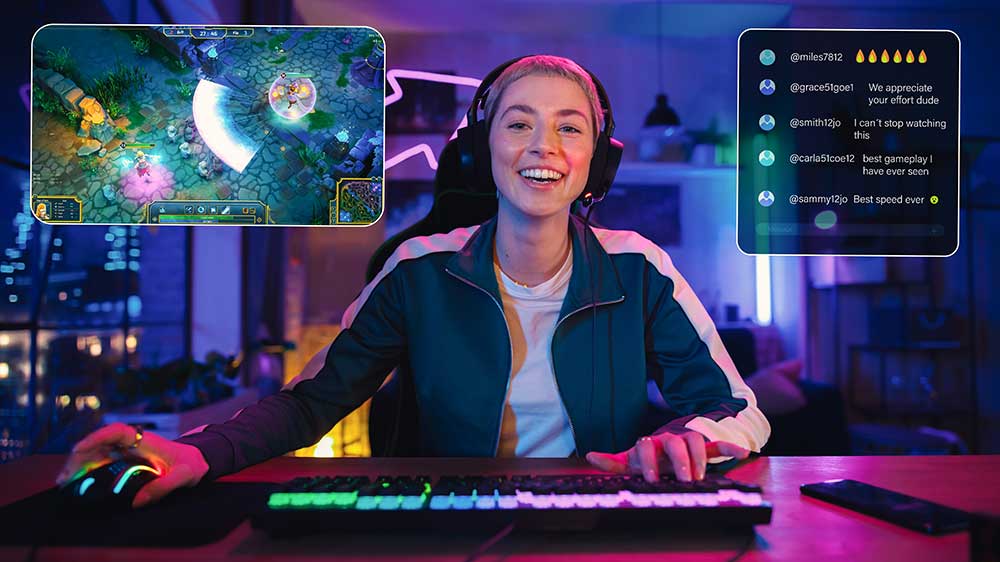 Mladá žena streamuje hraní hry a používá příslušenství s RGB podsvícením_02