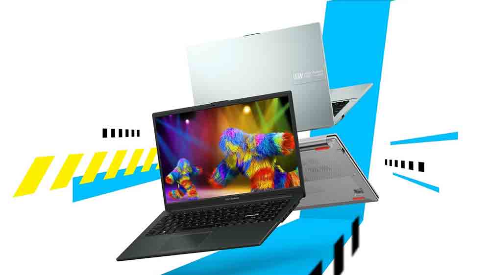 Tři notebooky ASUS Vivobook Go 15 na barevnm pozad_02