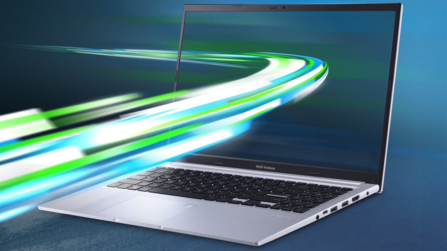 Barevné pruhy procházející notebookem ASUS Vivobook 15