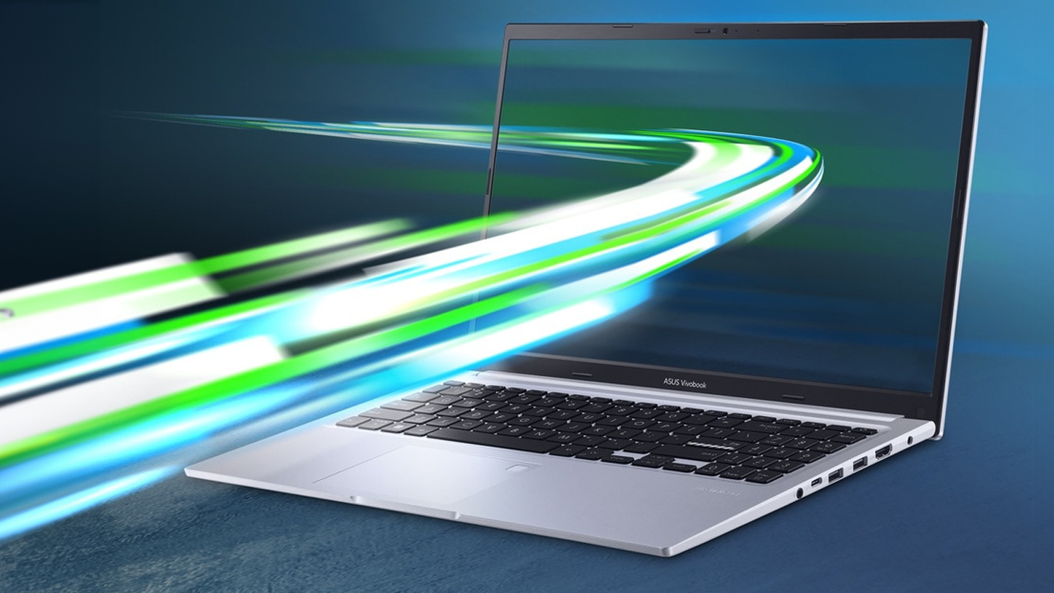 ASUS Vivobook 15 s grafikou prol&iacute;naj&iacute;c&iacute; pozad&iacute; s monitorem