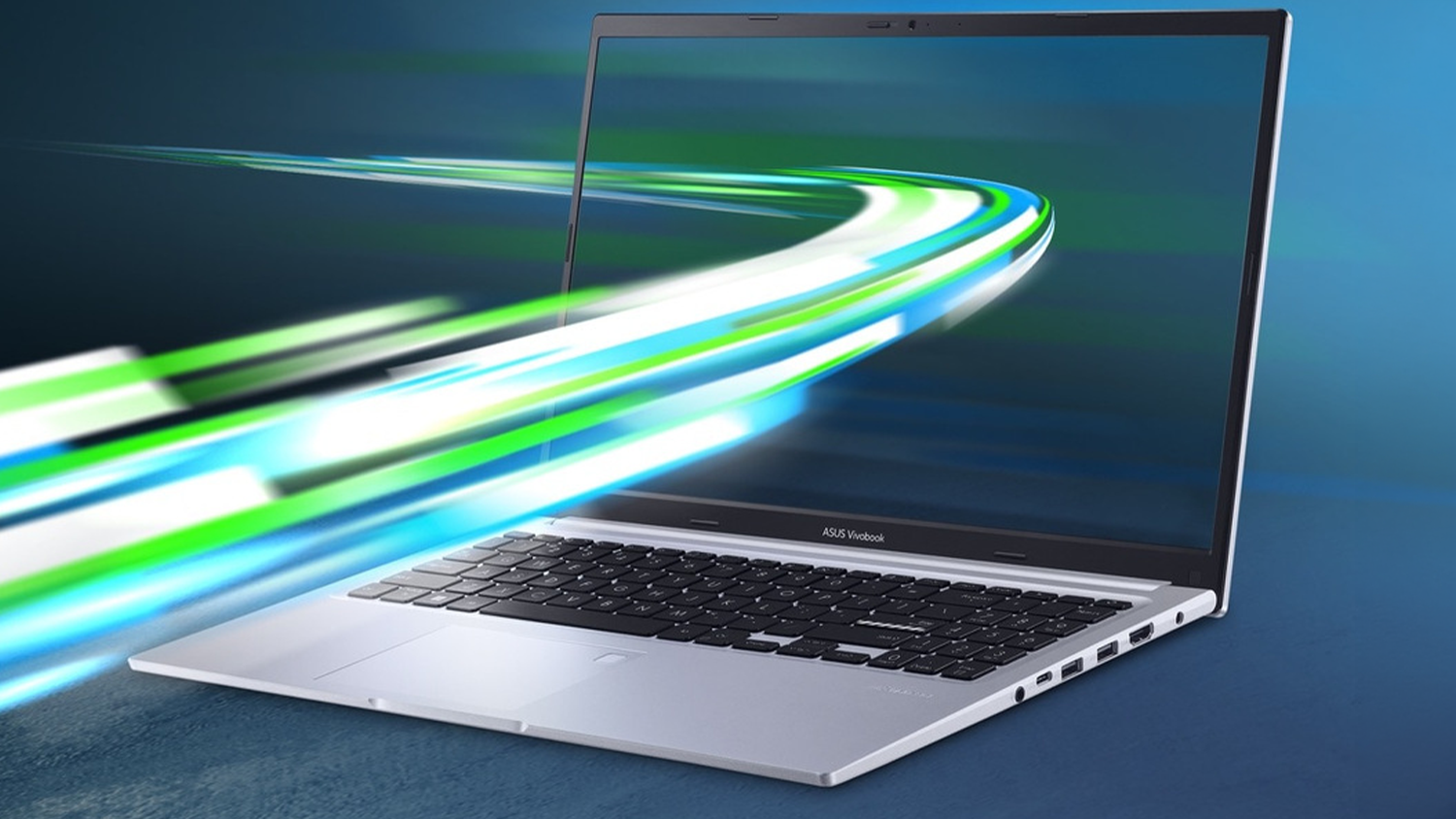 Barevné pruhy procházející notebookem ASUS Vivobook 15