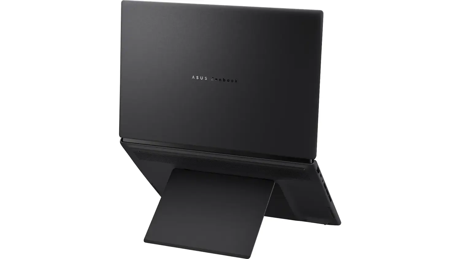 Pohled ze zadní strany na notebook Asus Zenbook Duo 14 na stojánku