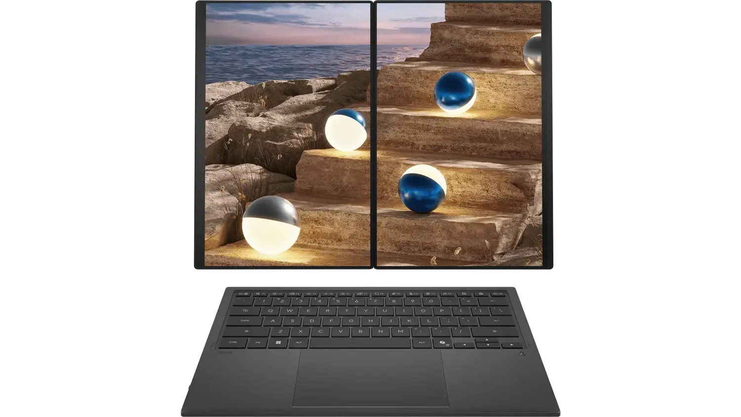 Monitory notebooku ASUS Zenbook Duo 14 rozložené vedle sebe