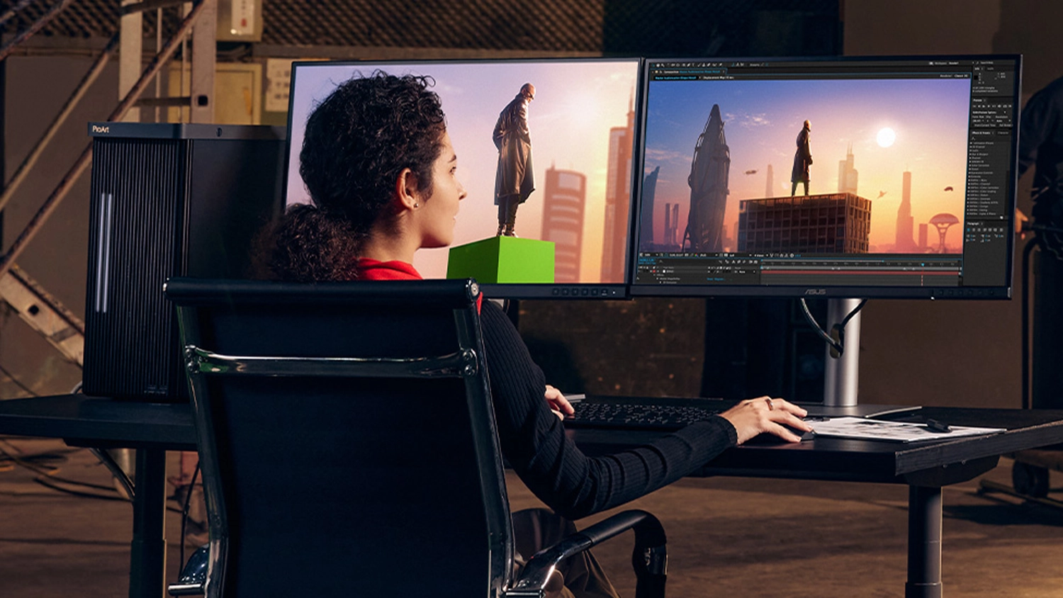 Žena pracujúca na monitore ASUS ProArt 6K PA32QCV