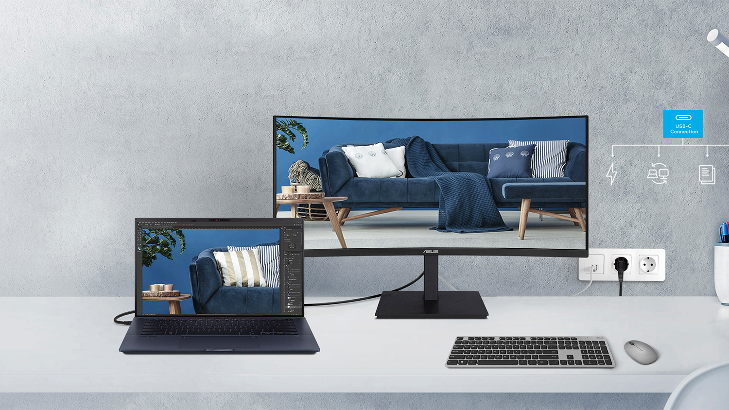 Monitor ASUS VA34VCPSR Business pripojený k notebooku