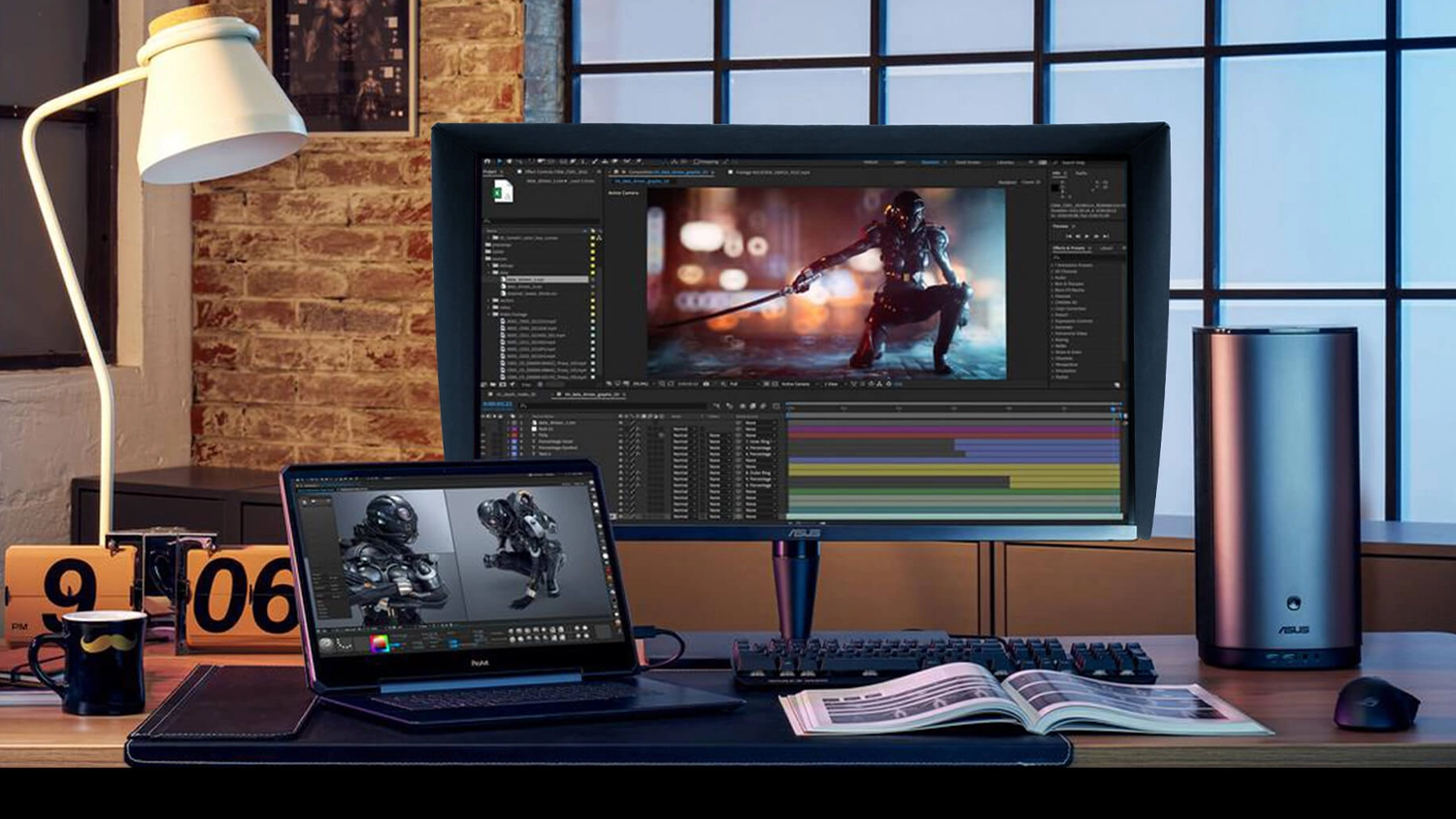 Monitor ASUS ProArt PA32UCG-K s tienidlom na stole