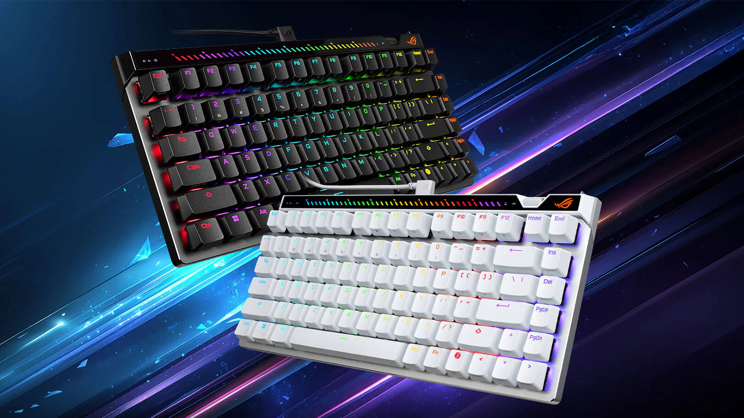Dvě klávesnice Asus ROG Falchion Ace 75 HE na modrém pozadí
