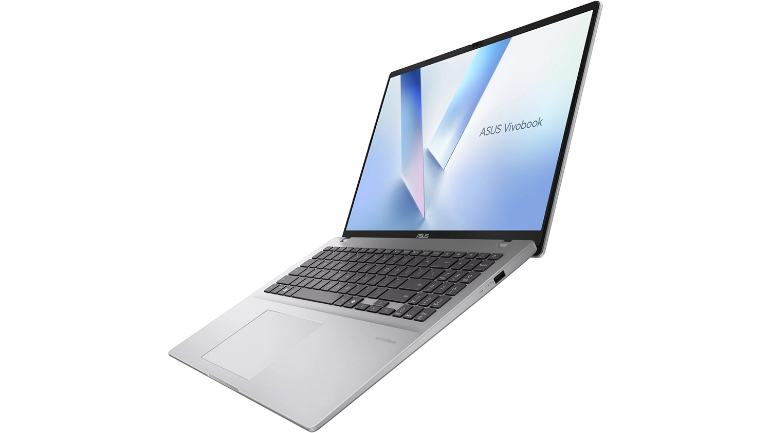 Pohled šikmo zepředu na rozevřený notebook Asus Vivobook 16