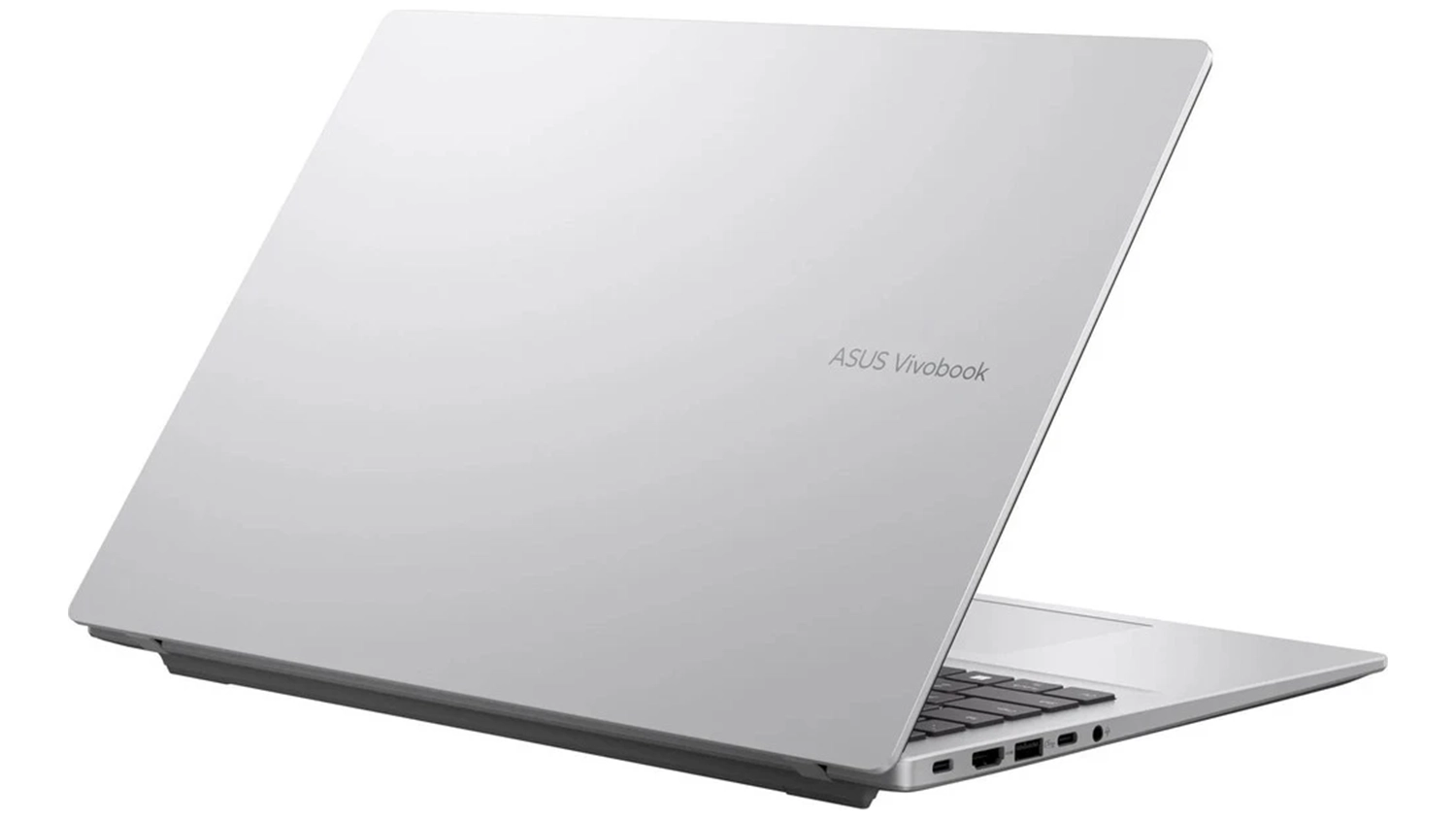 Pohled šikmo zezadu na přivřený notebook Asus Vivobook 16