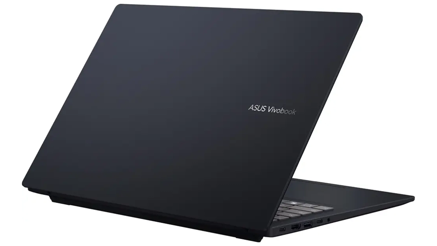 Pohled šikmo zezadu na přivřený notebook Asus Vivobook 18