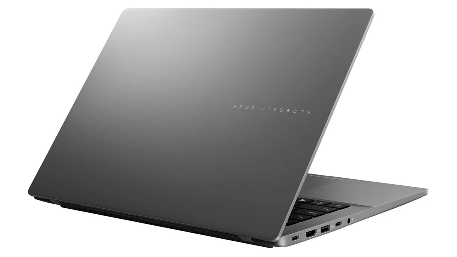 Pohled šikmo zezadu na přivřený notebook Asus Vivobook S14