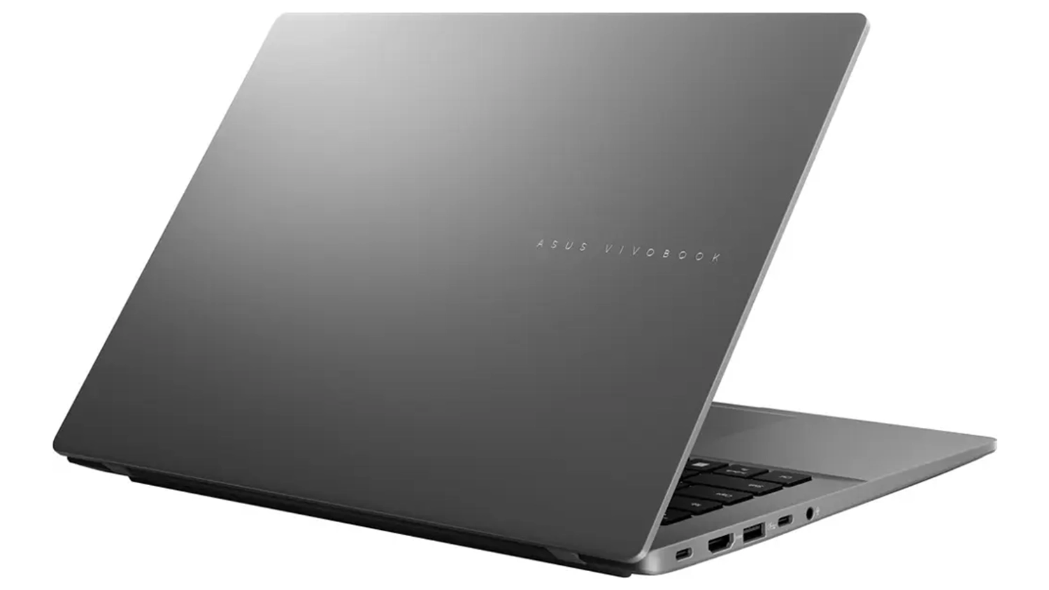 Pohled šikmo zezadu na přivřený notebook Asus Vivobook S14