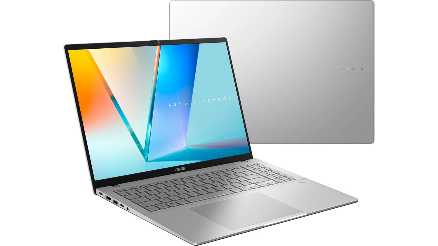 Pohled šikmo zepředu a na kryt na notebooku Asus Vivobook S16