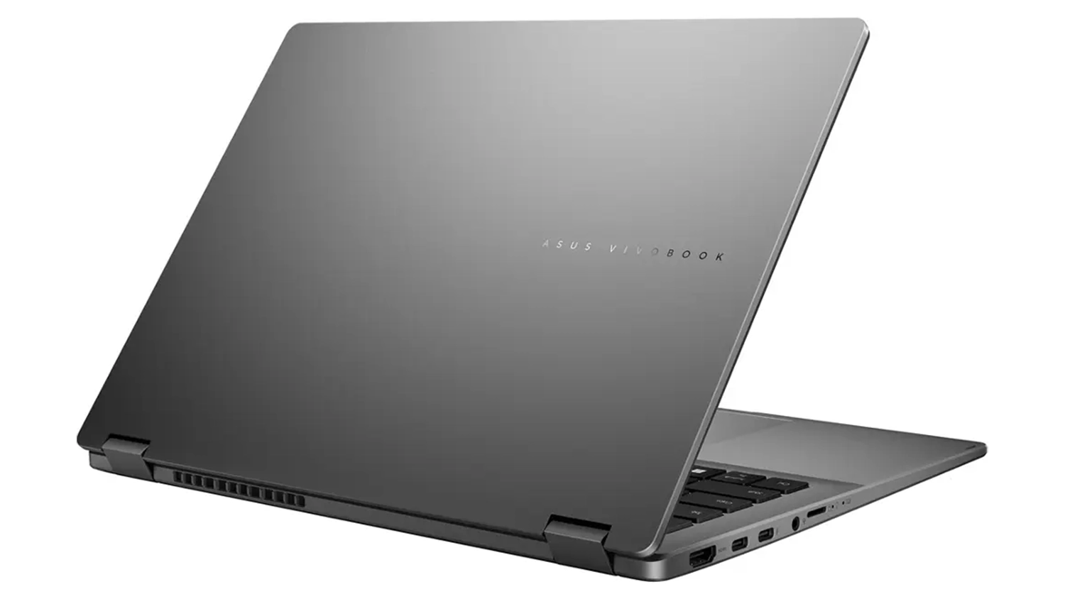 Pohled šikmo zezadu na přivřený notebook Asus Vivobook S16
