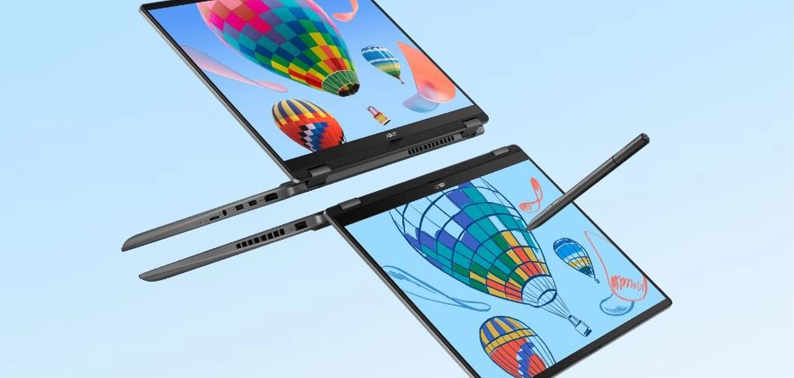 Dva notebooky ASUS Vivobook 14 Flip na farebnom pozadí