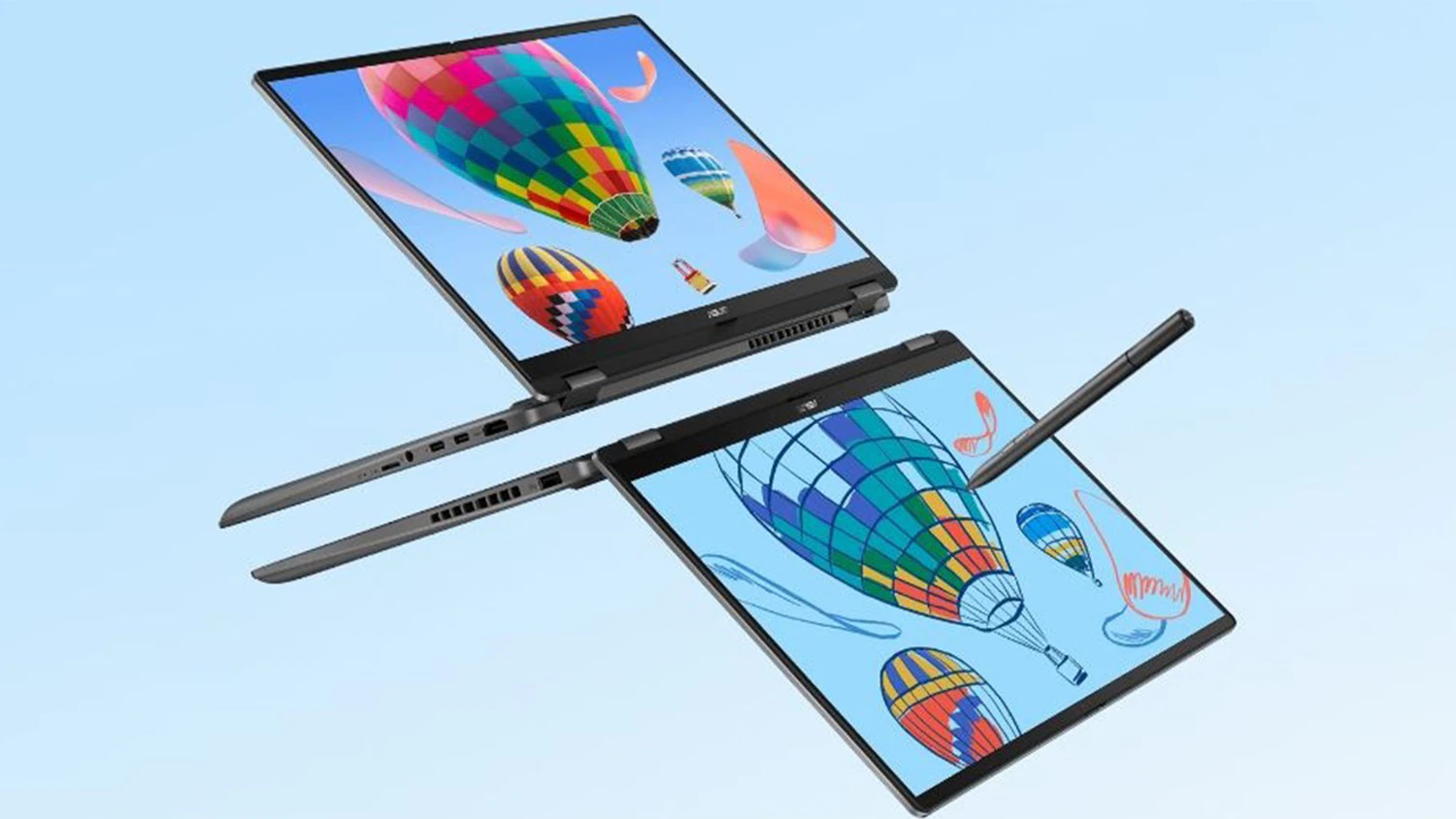 Dva notebooky ASUS Vivobook 16 Flip na farebnom pozad&iacute;