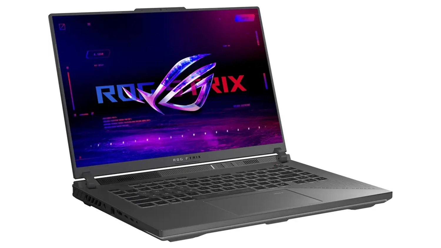 Pohled šikmo zepředu na notebook Asus ROG Strix G16