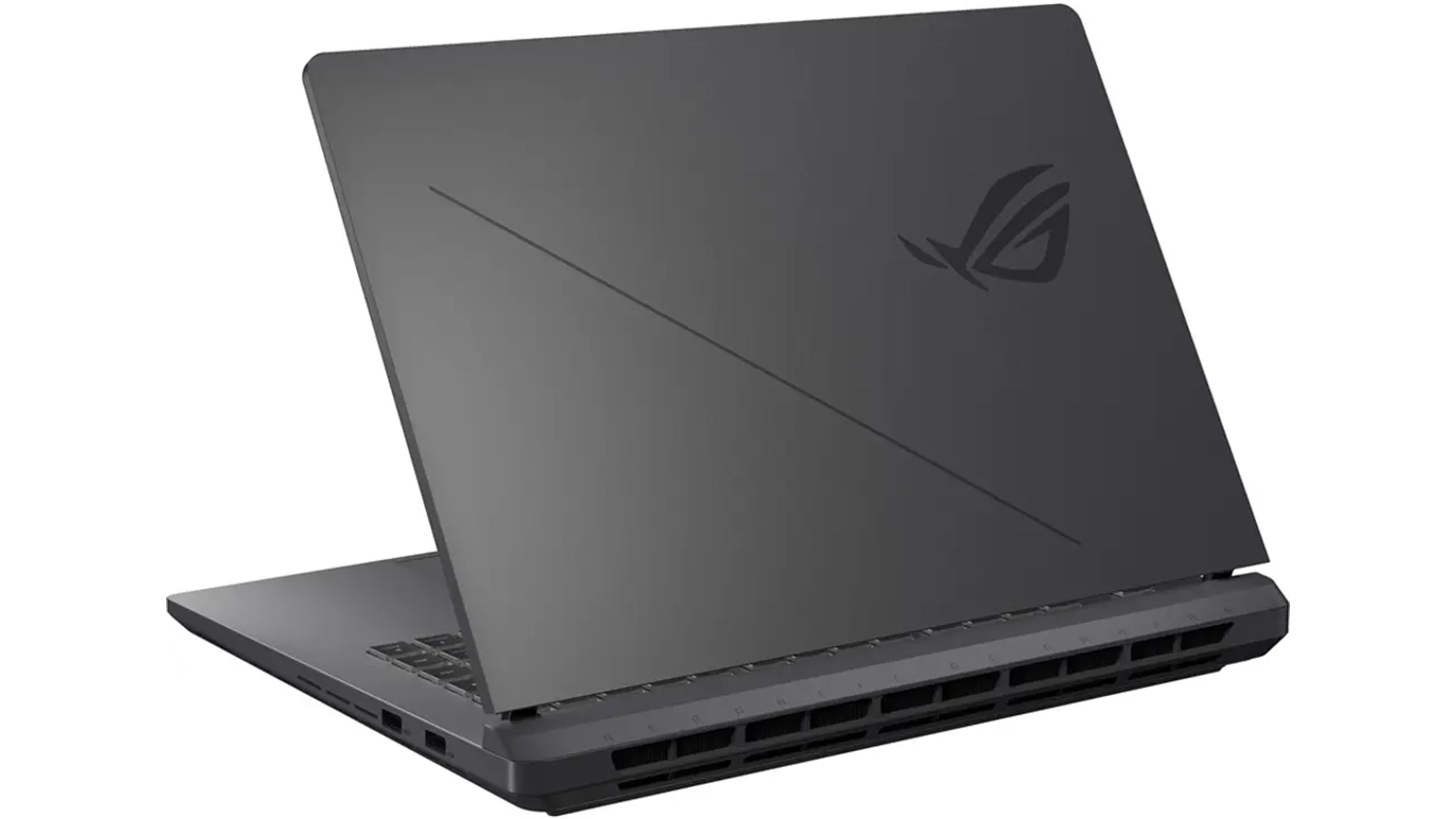 Pohled &scaron;ikmo zezadu na přivřen&yacute; notebook Asus ROG Strix G16
