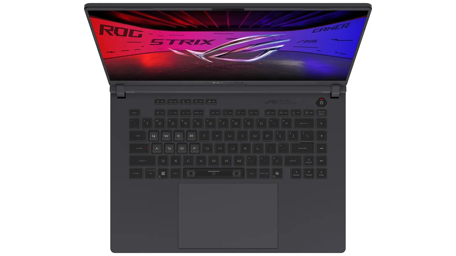 Pohled seshora na kl&aacute;vesnici notebooku Asus ROG Strix G16