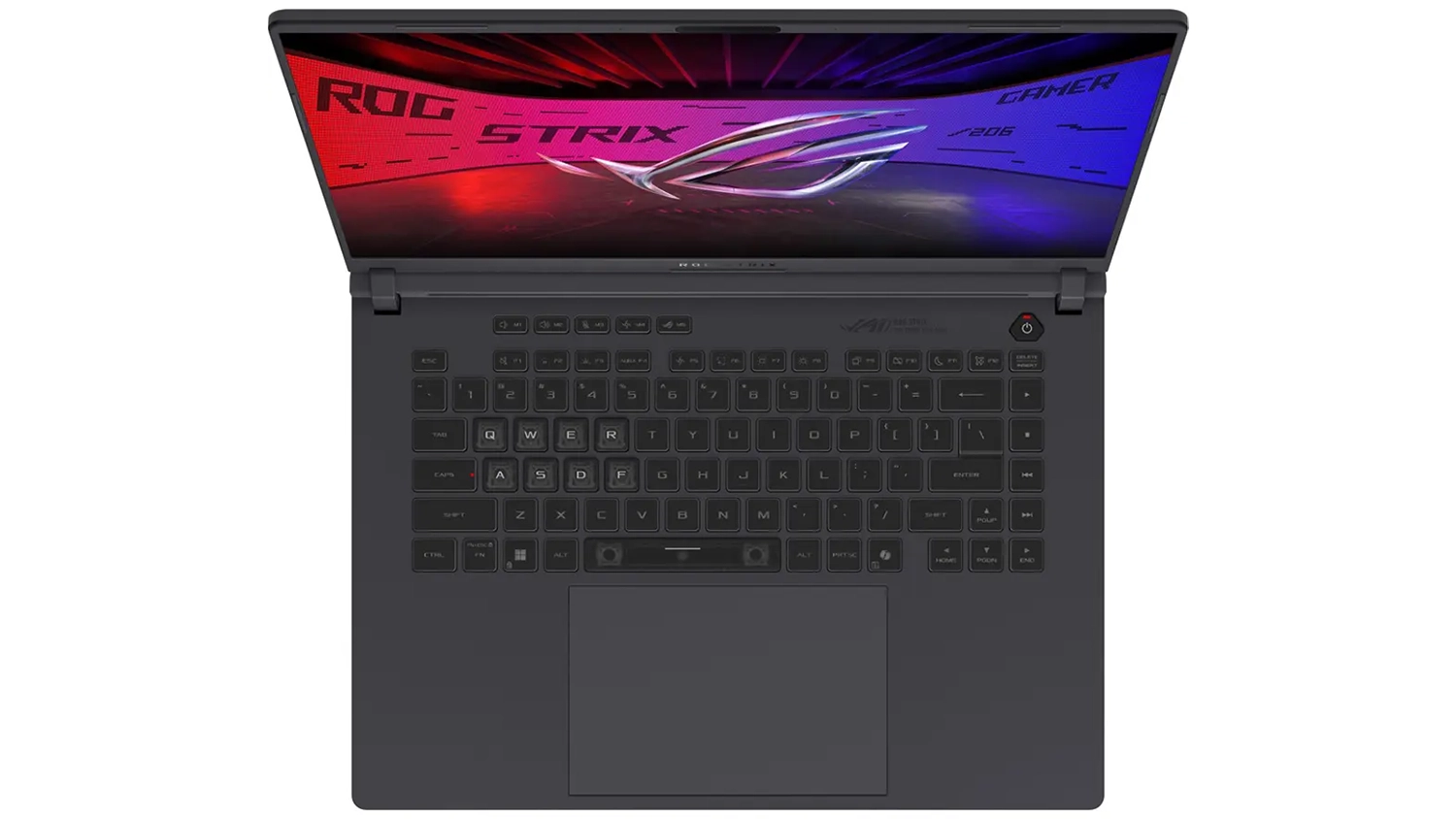 Pohled seshora na klávesnici notebooku Asus ROG Strix G16