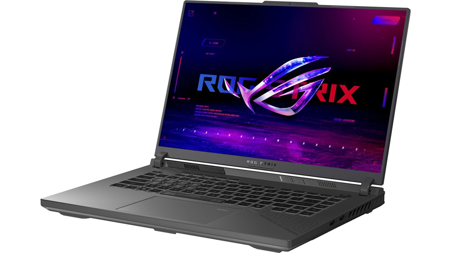 Pohľad na notebook ASUS ROG Strix G16 šikmo spredu