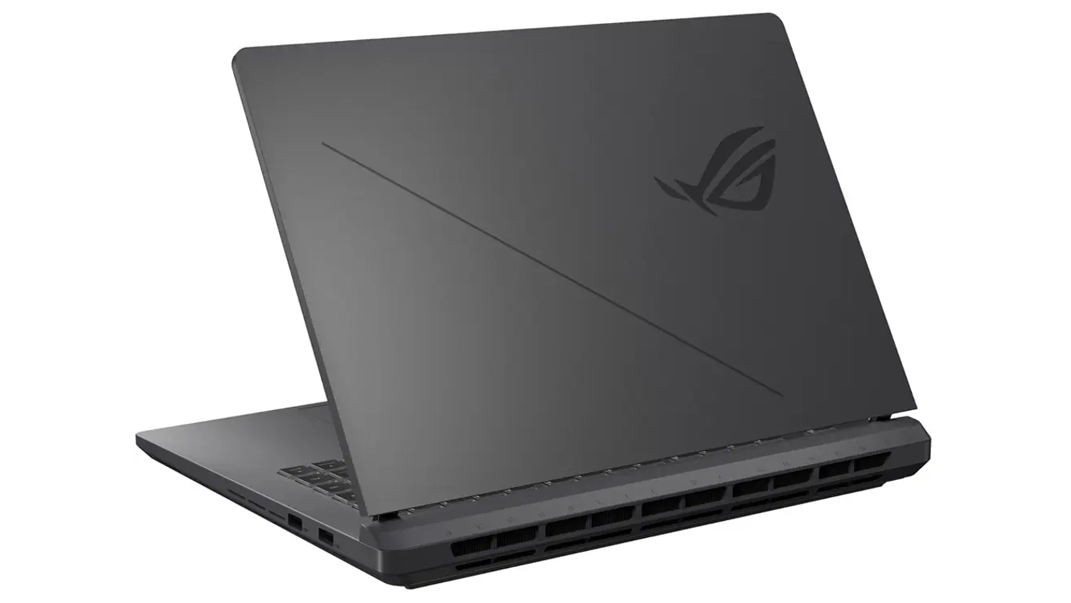 Pohled šikmo zezadu na přivřený notebook Asus ROG Strix G16