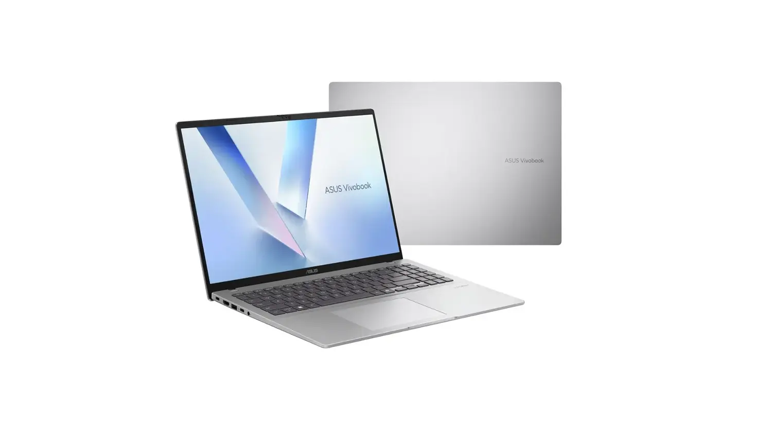 Pohled &scaron;ikmo zepředu a na kryt notebooku Asus Vivobook 16