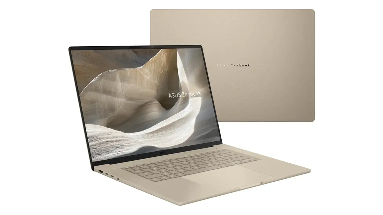 Pohled šikmo zepředu a na kryt notebooku Asus Zenbook A16