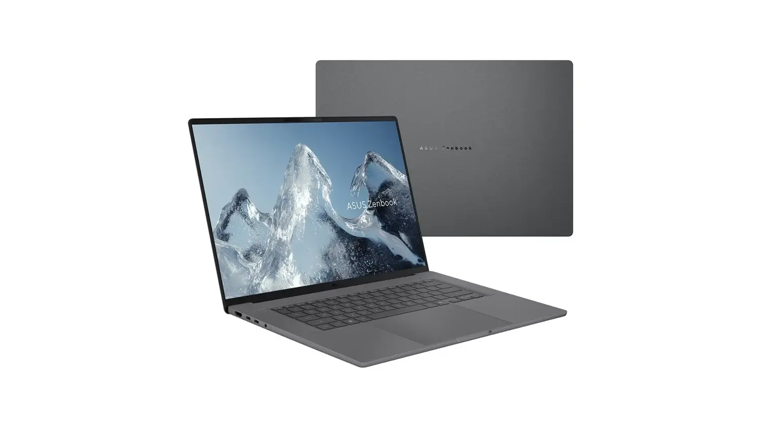 Pohled šikmo zepředu a na kryt notebooku Asus Zenbook A16