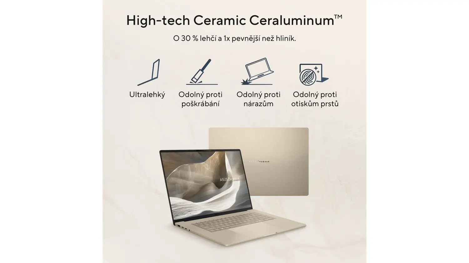 Notebooky ASUS Zenbook A16 s vypsanými výhodami materiálu Ceraluminum
