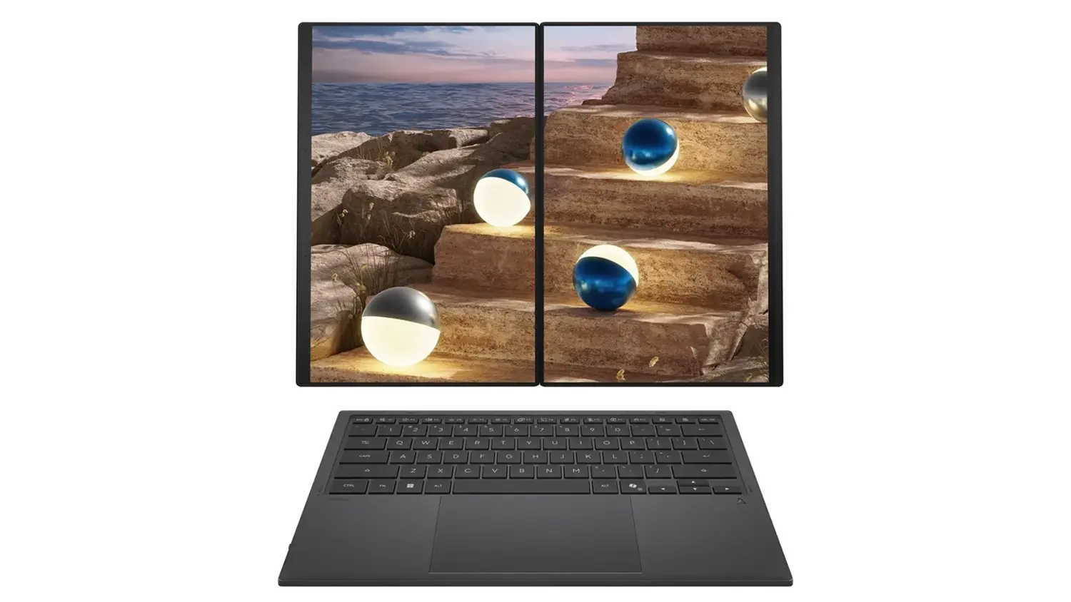 Kl&aacute;vesnice a dva panely notebooku Asus Zenbook Duo 14 vedľa seba