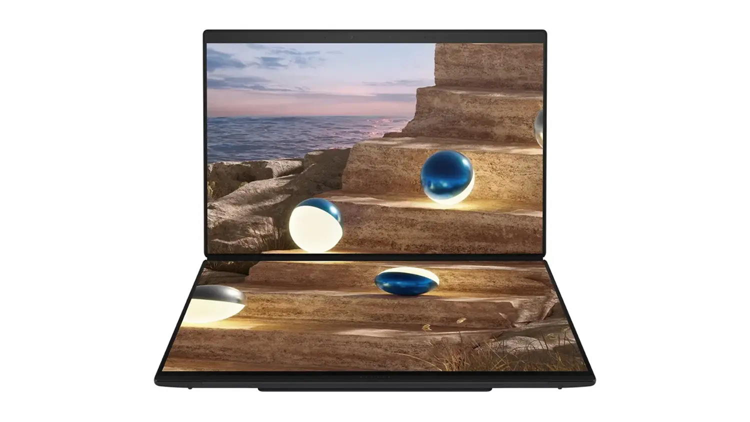 Pohľad spredu na dva panely notebooku Asus Zenbook Duo 14