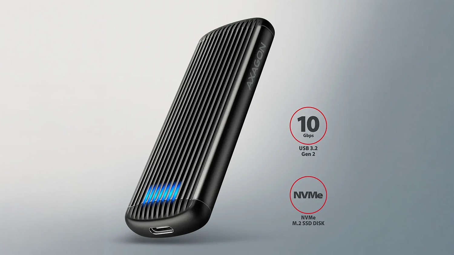 Extern&yacute; box AXAGON EEM2-SC USB-C 10Gbps na sivom pozad&iacute;