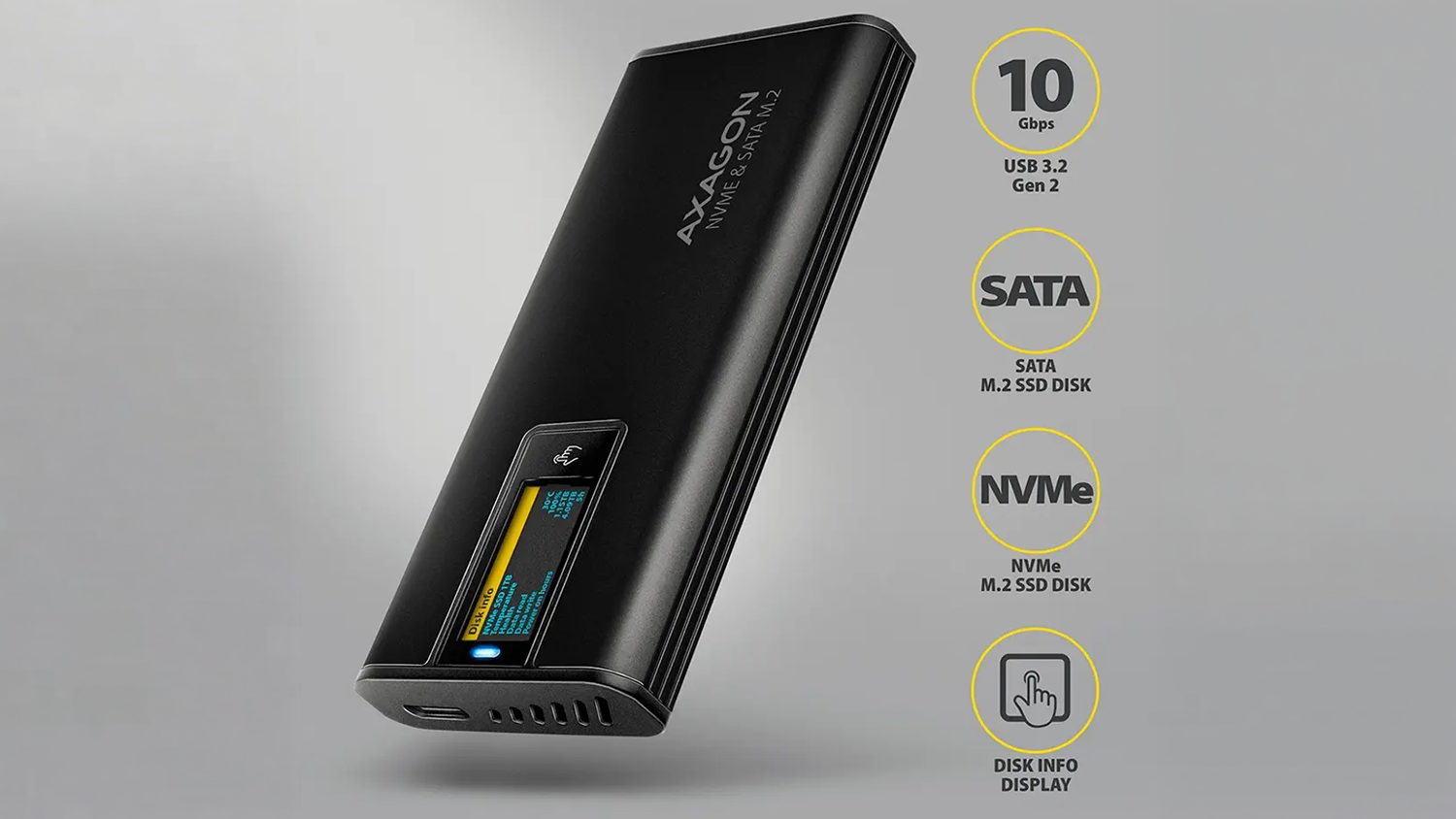 Externý box AXAGON EEM2-SD2B USB-C 10Gbps – uvedené základné vlastnosti