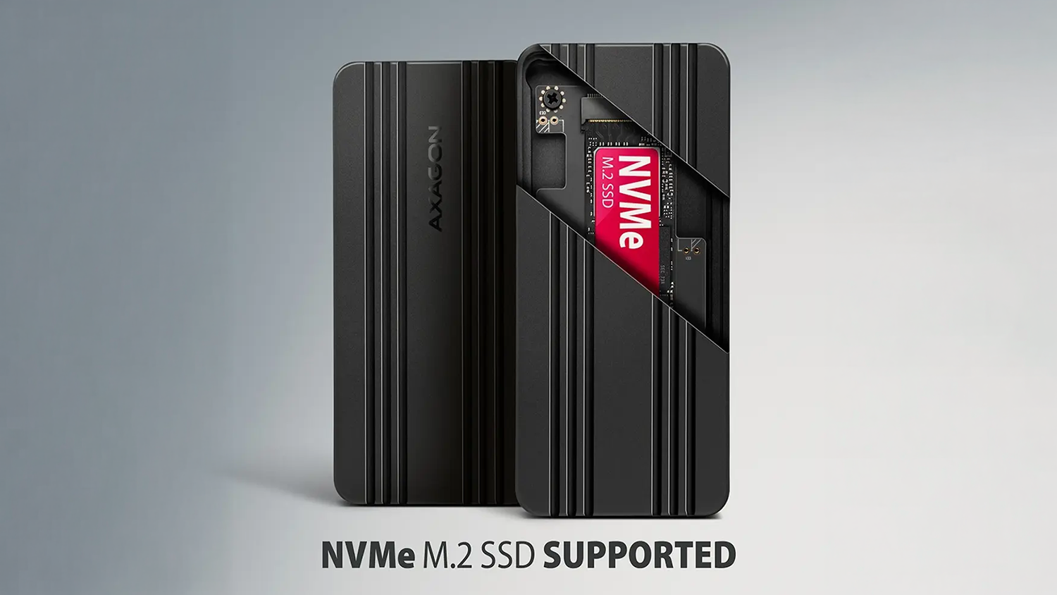 Externý box AXAGON EEM2-40G USB-C 40Gbps z prednej aj zadnej strany s nápisom M.2 NVMe SSD SUPPORTED