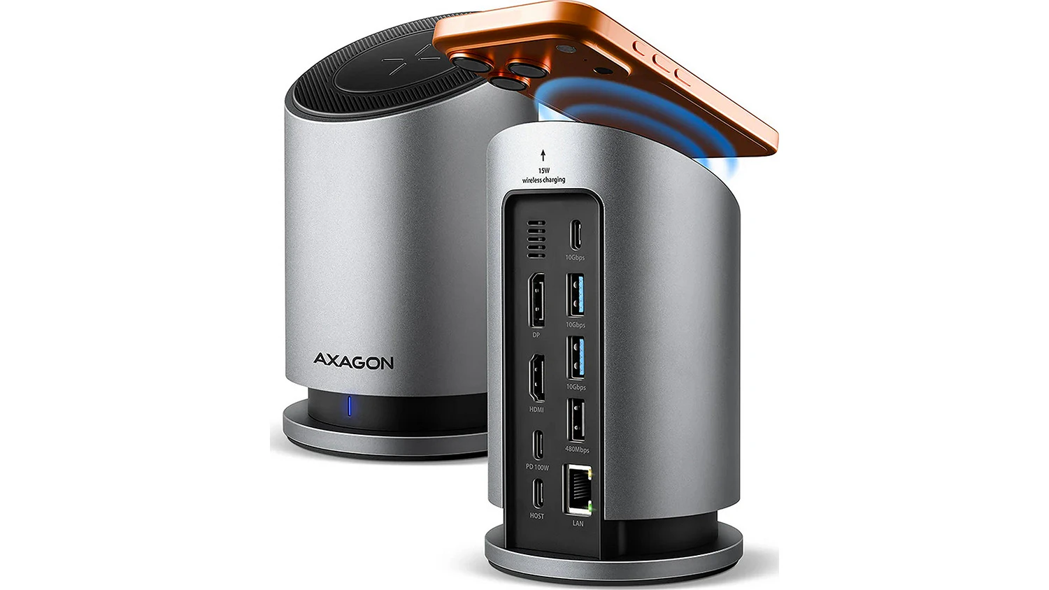 Rozbočovač Axagon HMC-WL9 USB-C 10Gbps Wireless Charging 9in1 hub