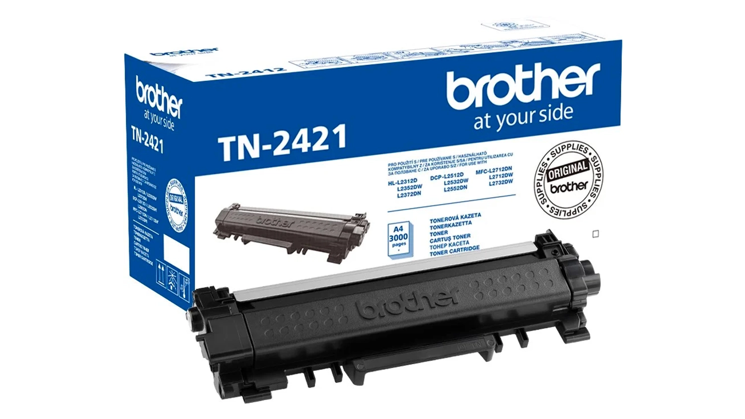 Originálny toner Brother TN-2421 čierny na bielom pozadí zobrazujúci dizajn výrobku a balenia