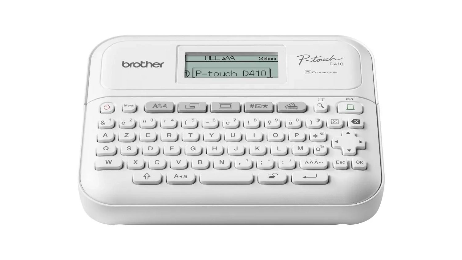 Tisk&aacute;rna &scaron;t&iacute;tků Brother PT-D410 horn&iacute; pohled