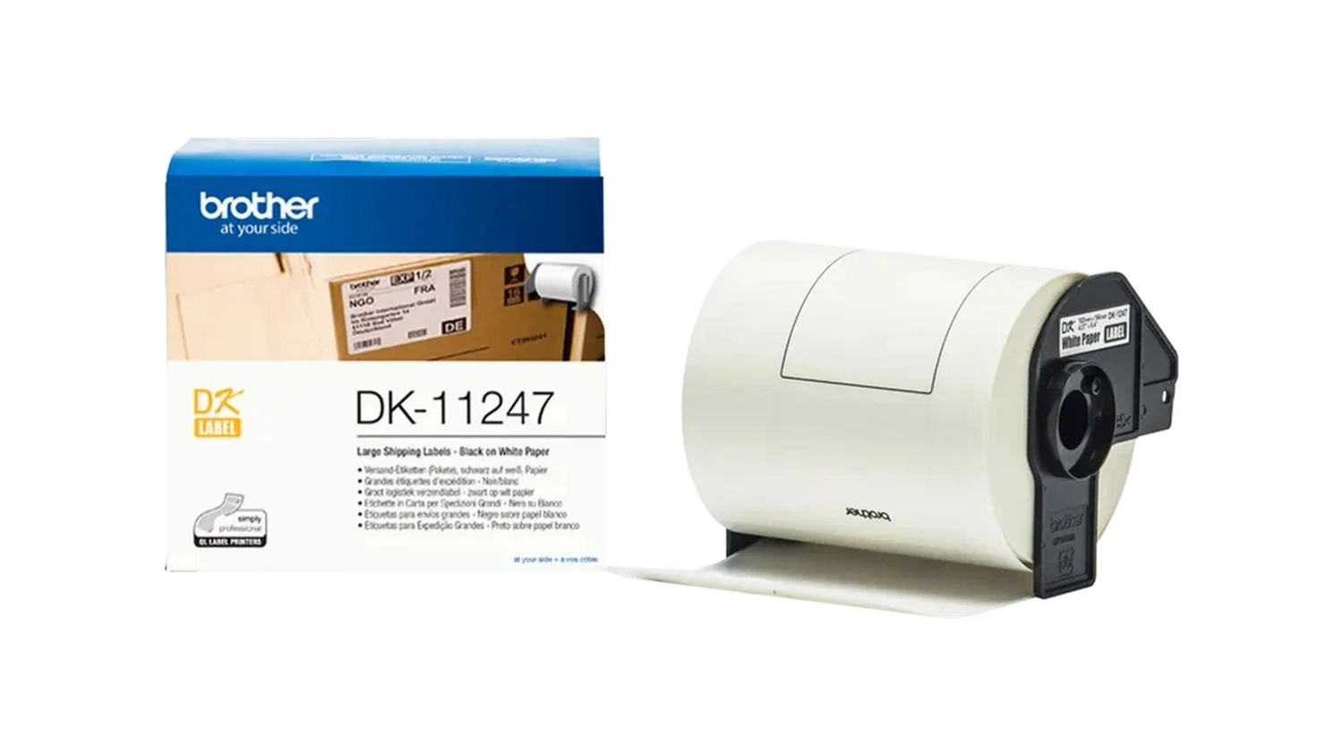 Originální papírové štítky Brother DK-11247 vedle balení daných štítků
