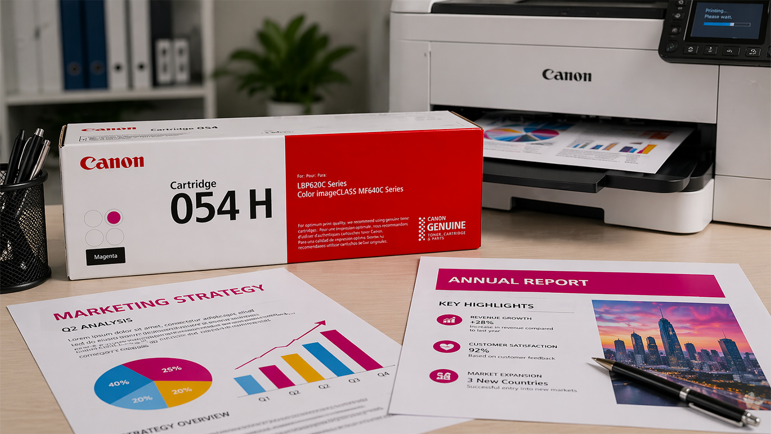 Toner Canon 054H Magenta vysokokapacitní při tisku kvalitních dokumentů s jasnými barvami a ostrým textem