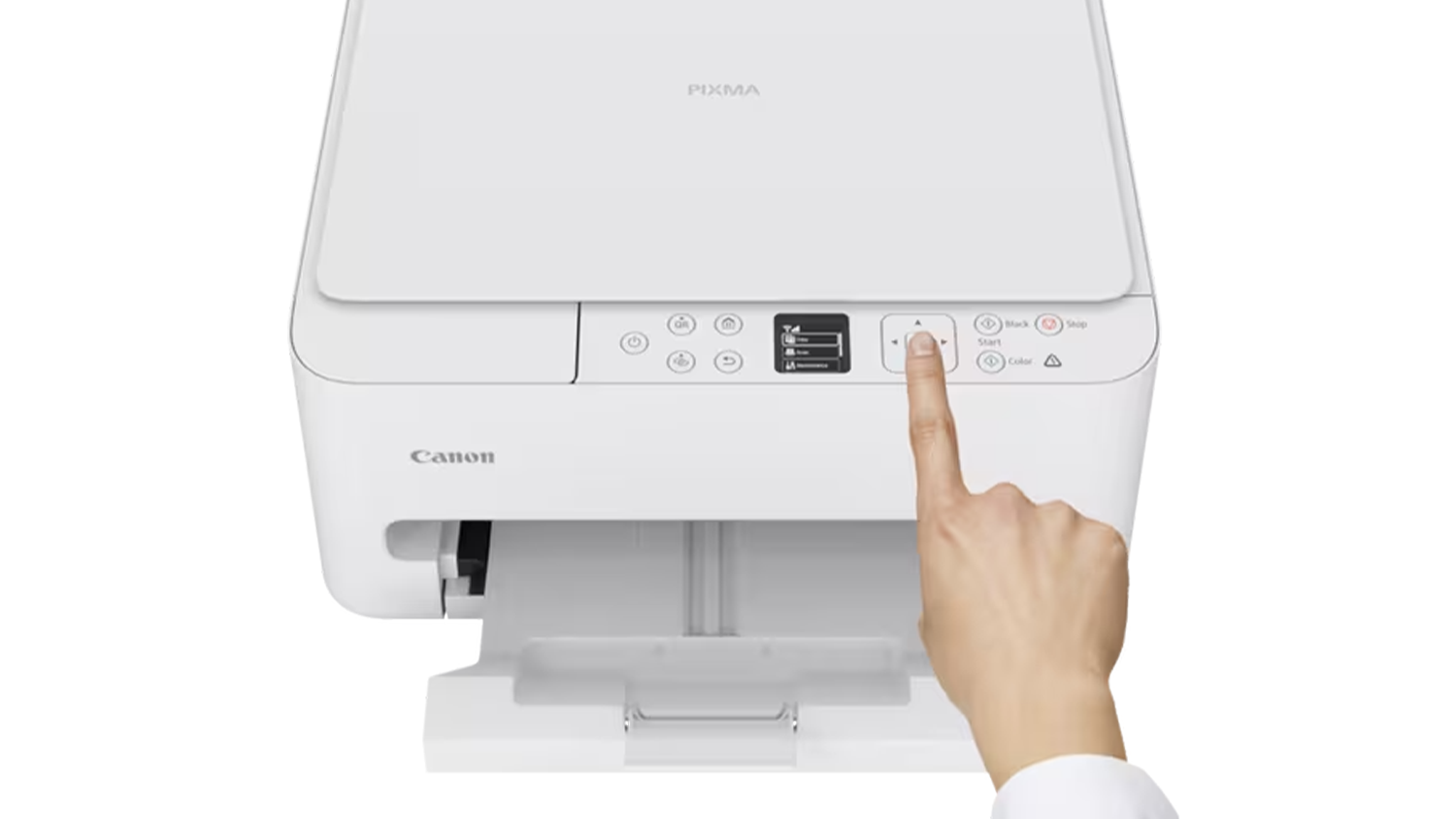 Ruka nad ovládáním tiskárny Canon PIXMA