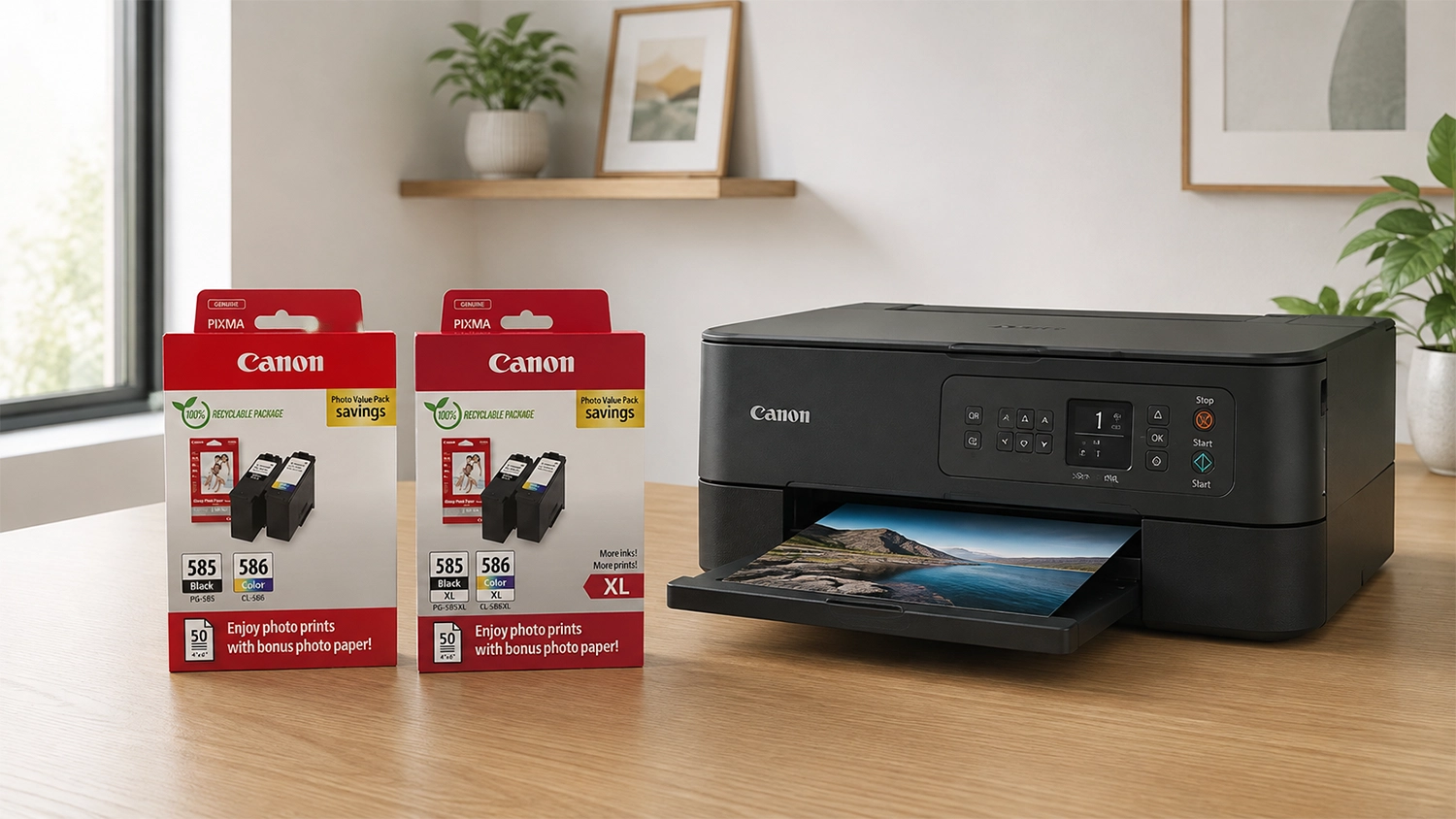 Sada inkoustů Canon PG-585XL/CL-586XL/GP-501 na stole vedle tisk&aacute;rny