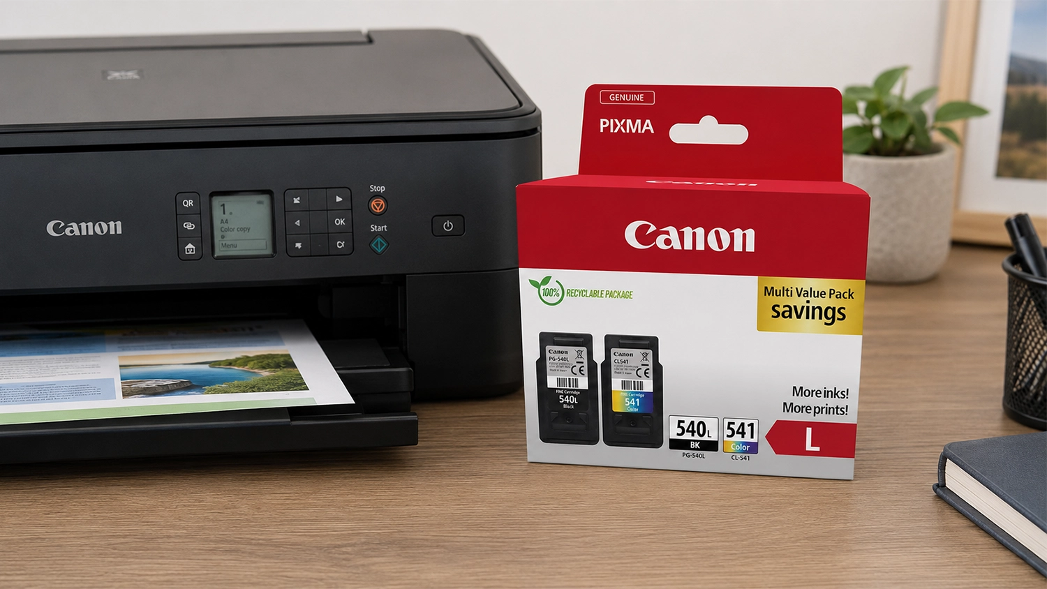 Sada inkoustů Canon PG-540L/CL-541XL/GP-501 black/color (5224B013) na stole vedle tisk&aacute;rny Canon