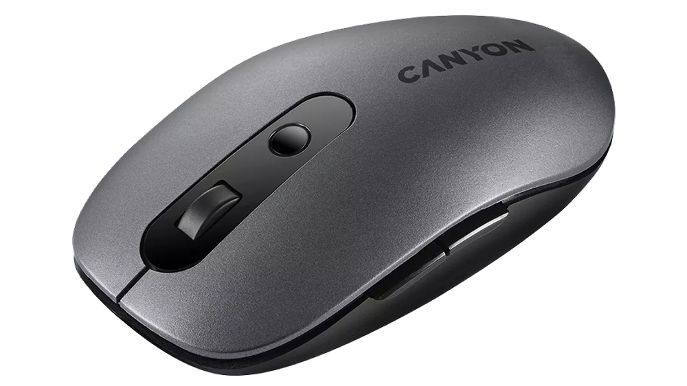 Bezdrátová myš 2v1 Canyon MW-9 šedá na bílém pozadí zobrazující ergonomický design s gumovanými prvky