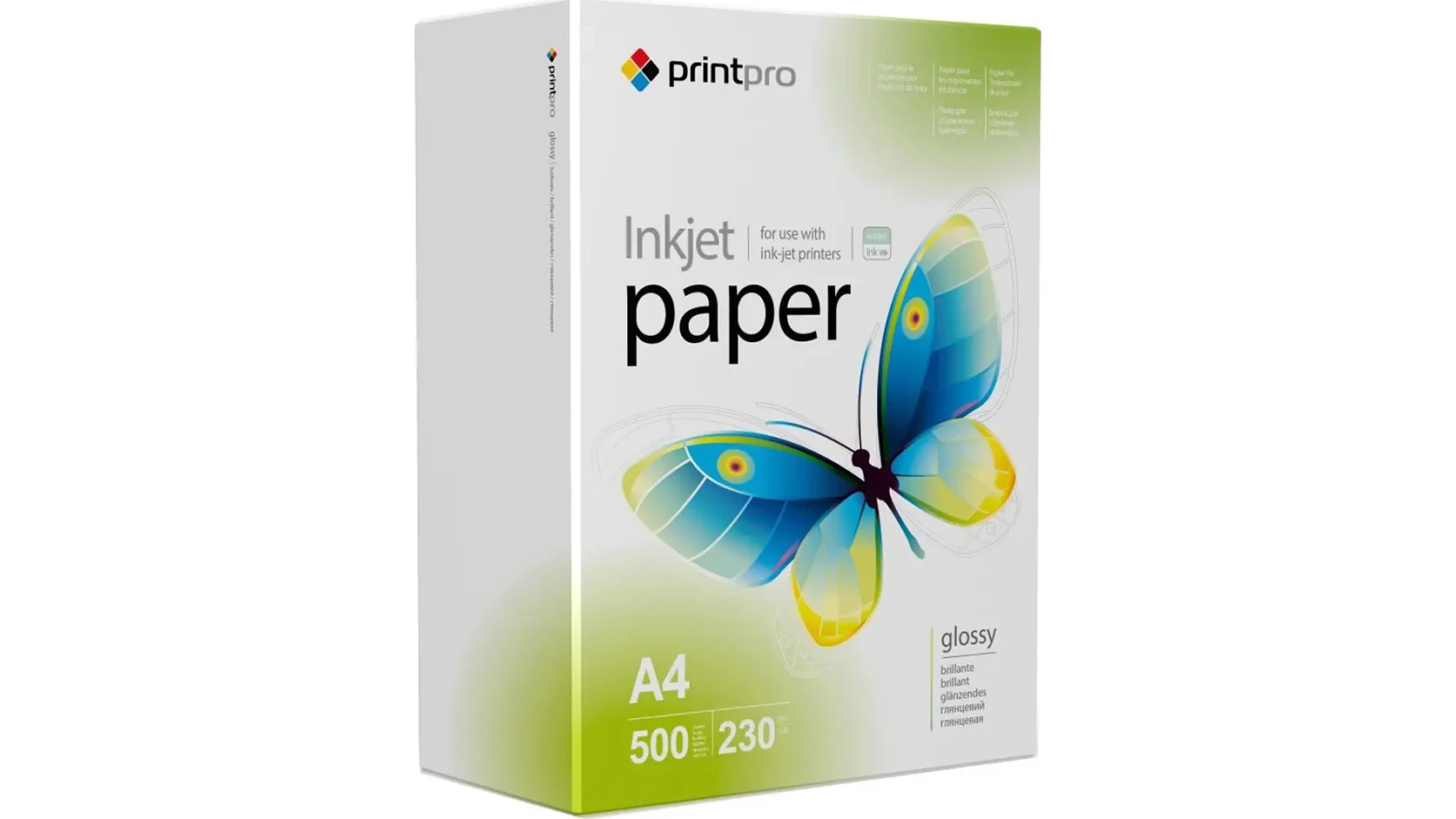 Fotopapier PrintPro high glossy 230 g/m&sup2; A4 500 listov na bielom pozad&iacute; zobrazuj&uacute;ci leskl&yacute; povrch a form&aacute;t A4