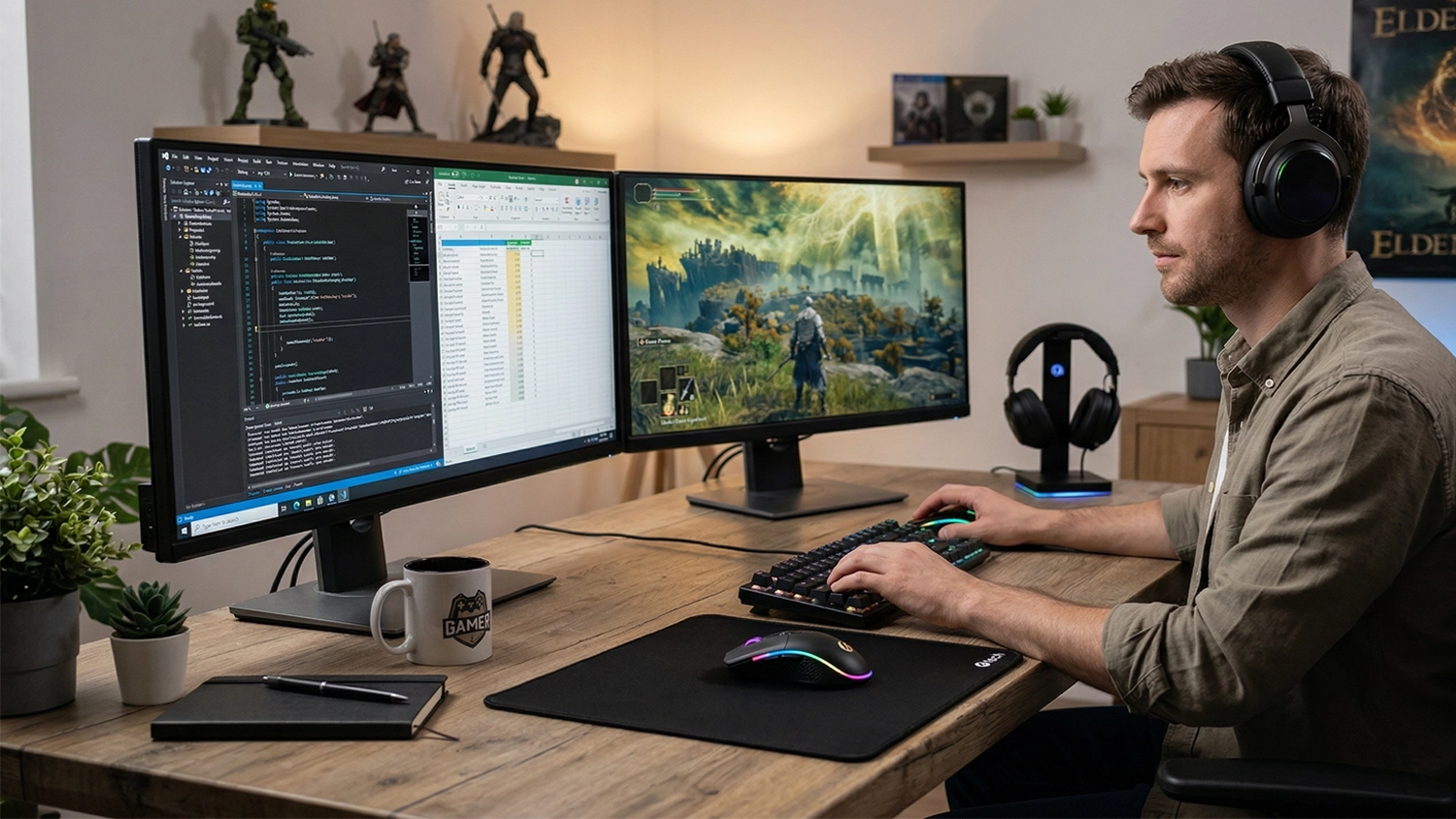 Muž pracuje na PC a využ&iacute;va podložku pod my&scaron; C-Tech